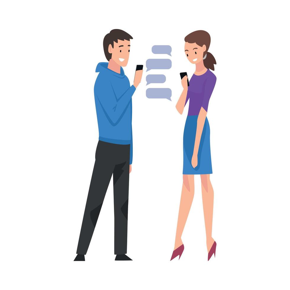 Young Man and Woman Standing with Smartphones, Couple hatting Via Internet Using Digital Gadgets Illustration vector