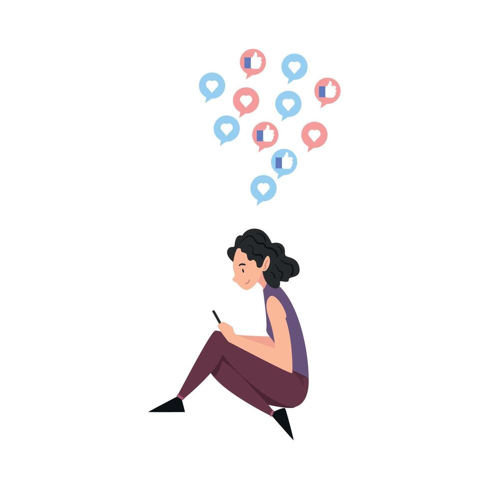Brunette Girl Sitting on the Floor with Smartphone, Person Using Gadget to Communicating, Surfing the Internet Illustration vector