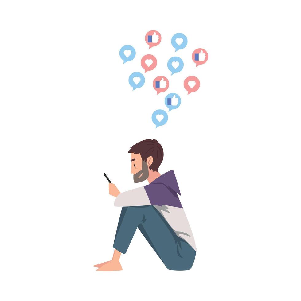 Guy Sitting on the Floor with Smartphone, Side View, Bearded Young Man Using Gadget to Communicating, Surfing the Internet Illustration vector
