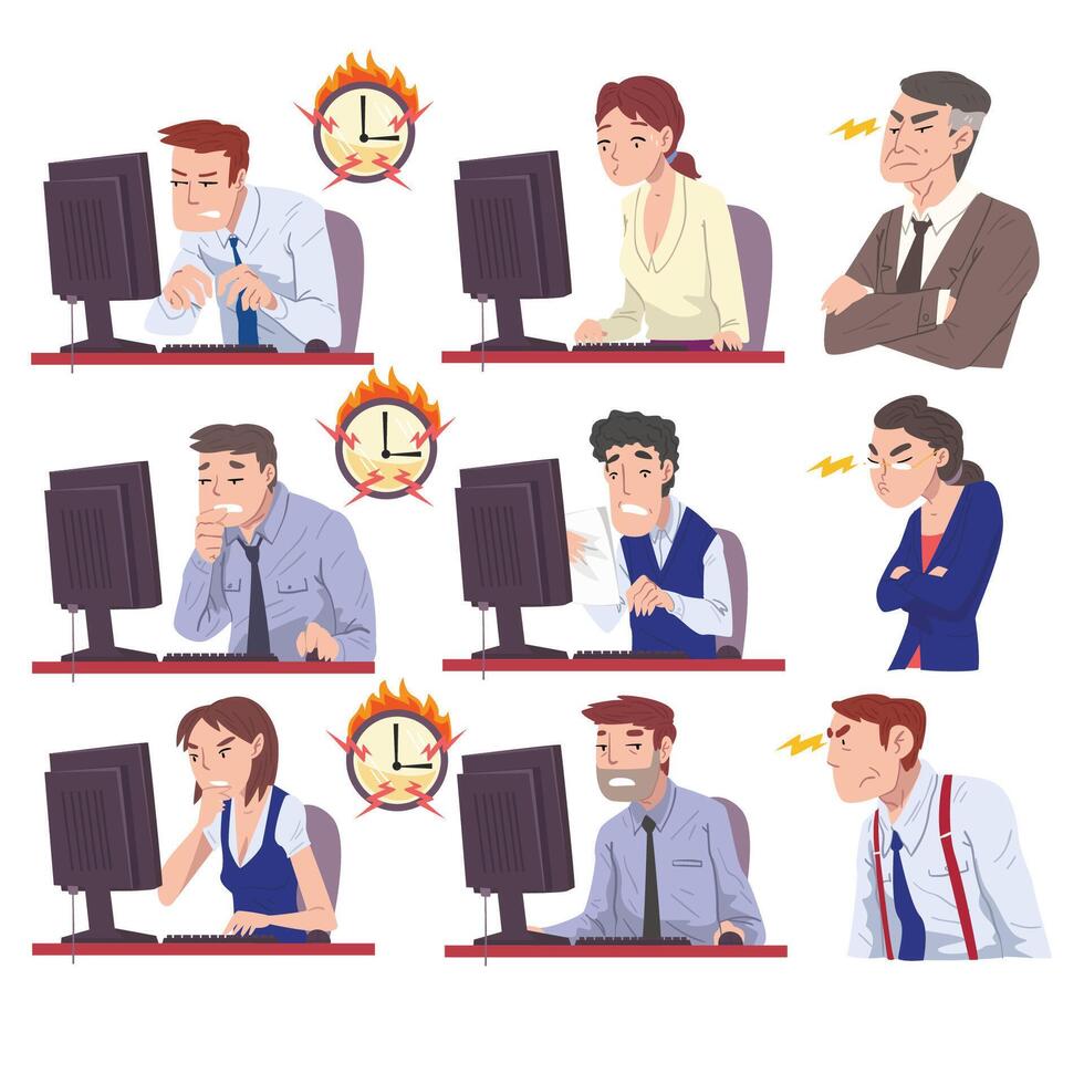 Business People Working Overtime at Deadline Set, Overloaded Office Workers Sitting at Workplace in Office in High Stress Conditions Illustration vector