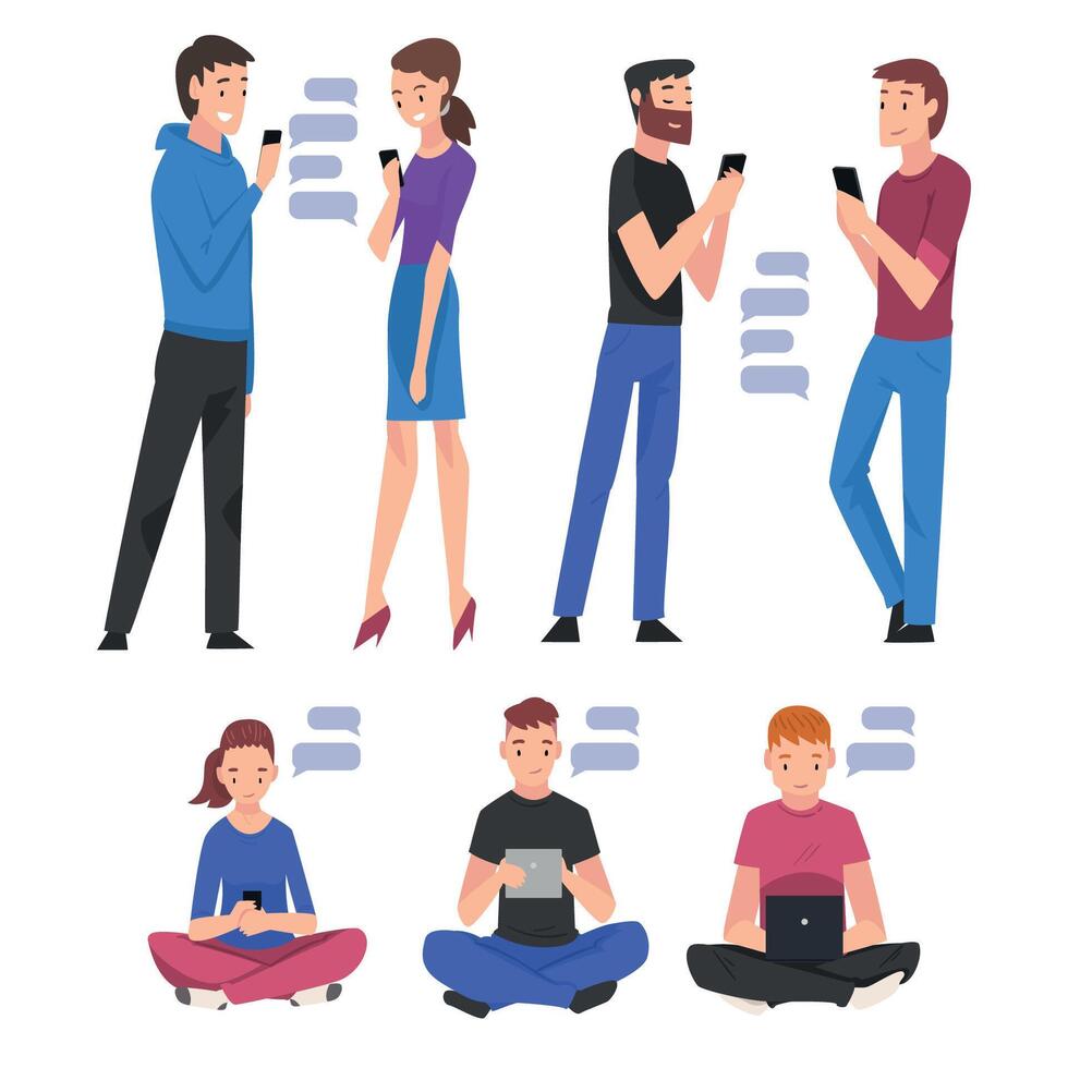 Set of People with Smartphones, Young Men and Women hatting Via Internet Using Digital Gadgets Illustration vector