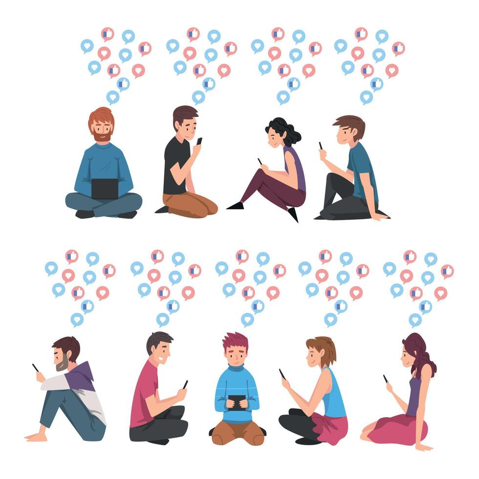 Set of People Sitting on the Floor with Digital Gadgets, Guys and Girls Using Smartphones Tablets PC to Communicating, Surfing the Internet Illustration vector