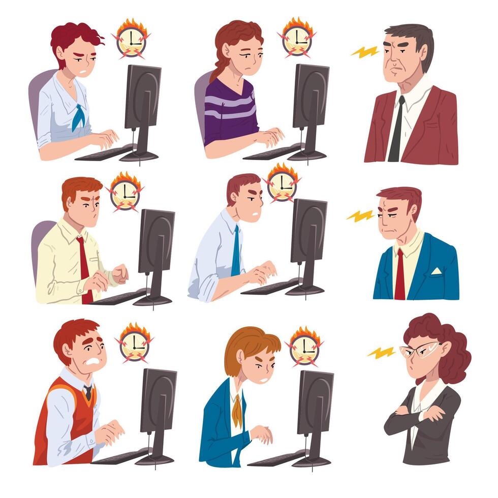 Stressed Business People Working Overtime at Deadline Set, Overloaded Office Workers Working Hard Solving Business Problems Illustration vector