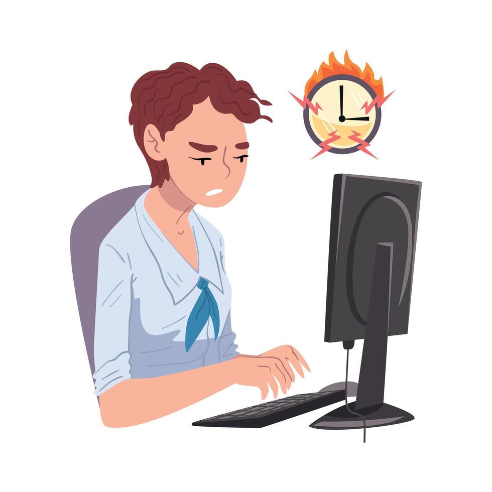 Businesswoman Working Overtime at Deadline, Overloaded Female Office Worker Sitting at Workplace in Office in High Stress Conditions Illustration vector