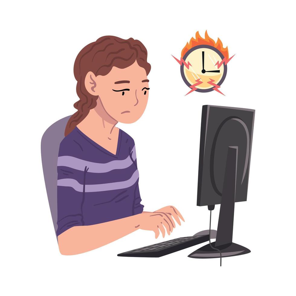 Stressed Businesswoman Working Overtime at Deadline, Overloaded Female Office Worker Sitting at Workplace Illustration vector