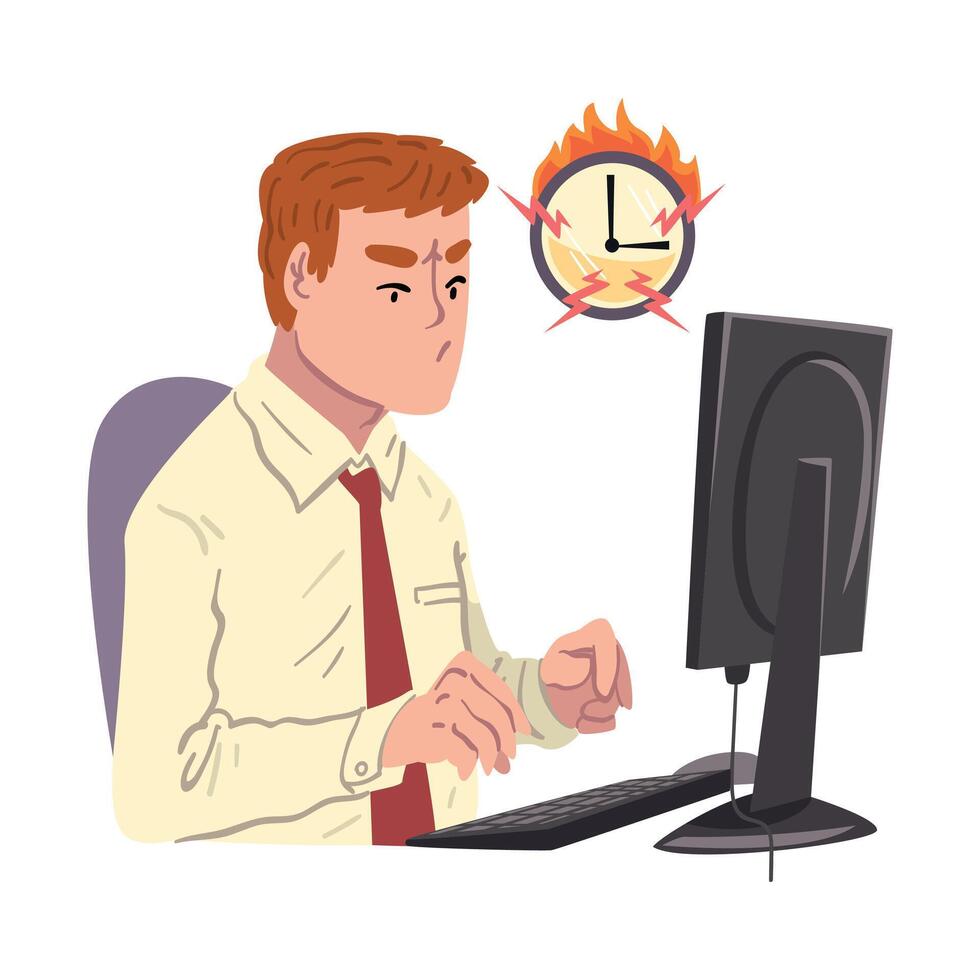 Businessman Working Overtime at Deadline, Overloaded Male Office Worker Sitting at Workplace in Office in High Stress Conditions Illustration vector