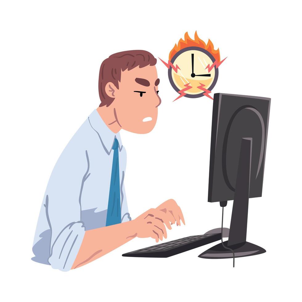 Businessman Working Overtime at Deadline, Overloaded Office Worker Sitting at Workplace Illustration vector