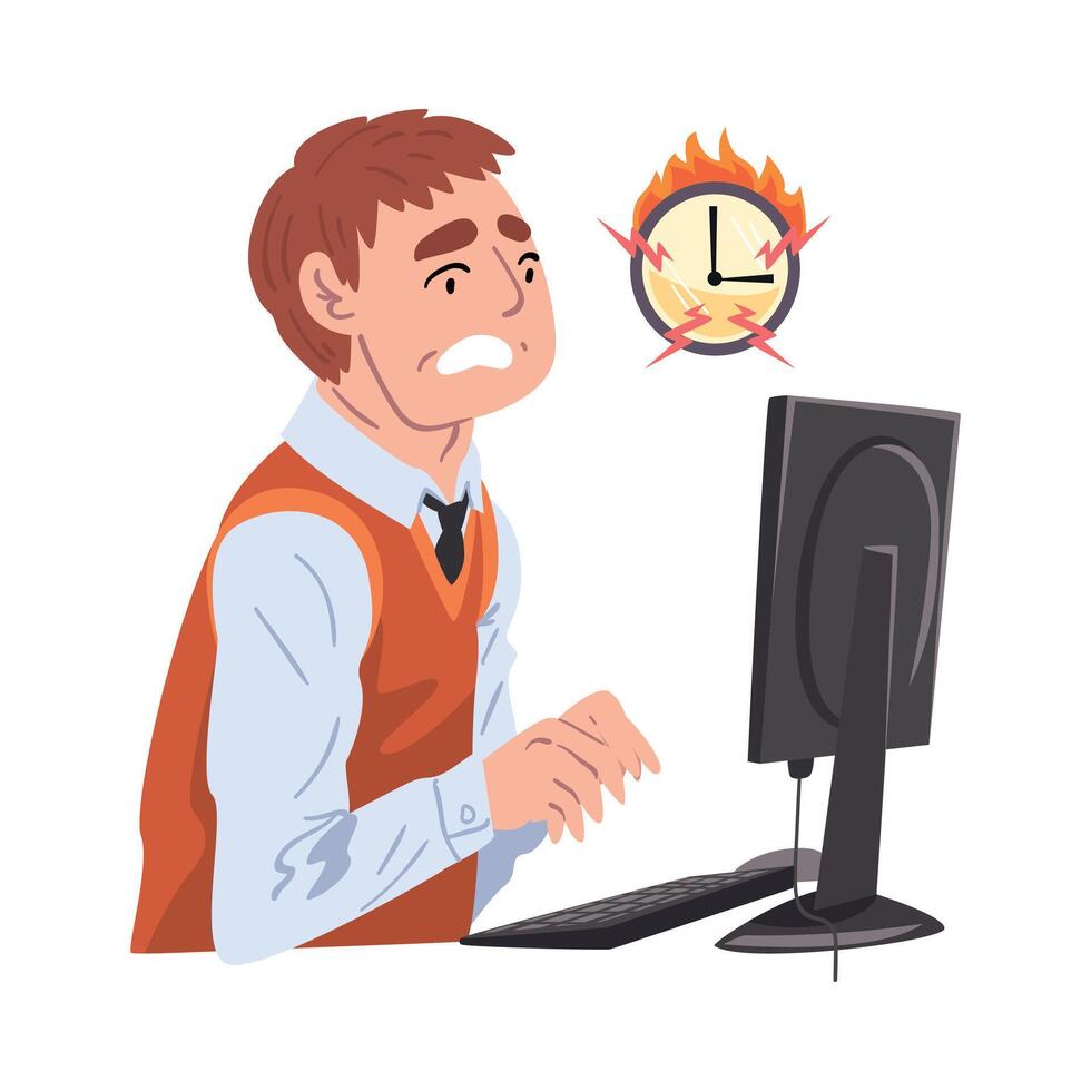Stressed Businessman Working Overtime at Deadline, Overloaded Male Office Worker Sitting at Workplace in Office Illustration vector