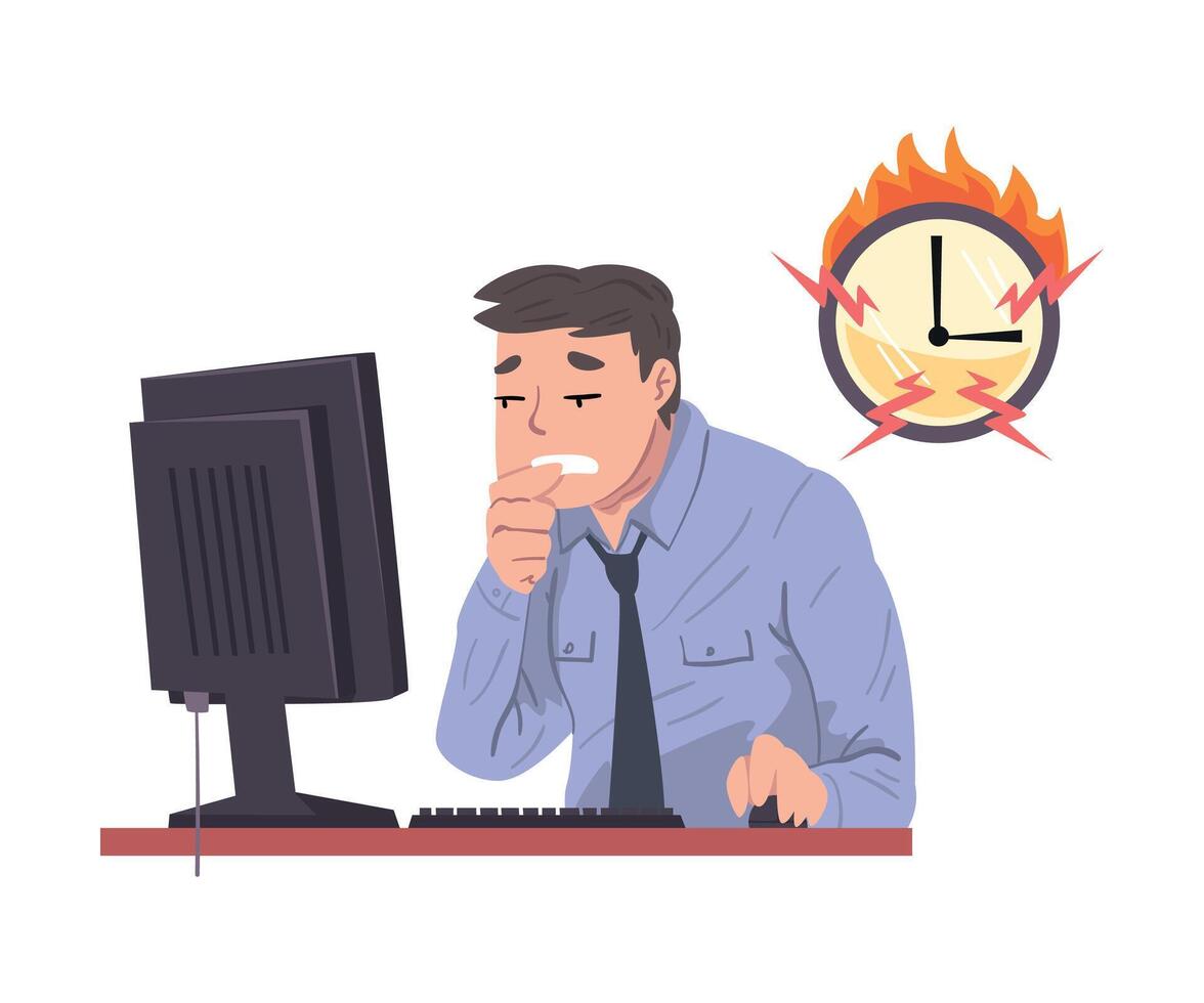 Stressed Office Worker Working Overtime at Deadline, Overworked Businessman Sitting at Workplace in Office Illustration vector