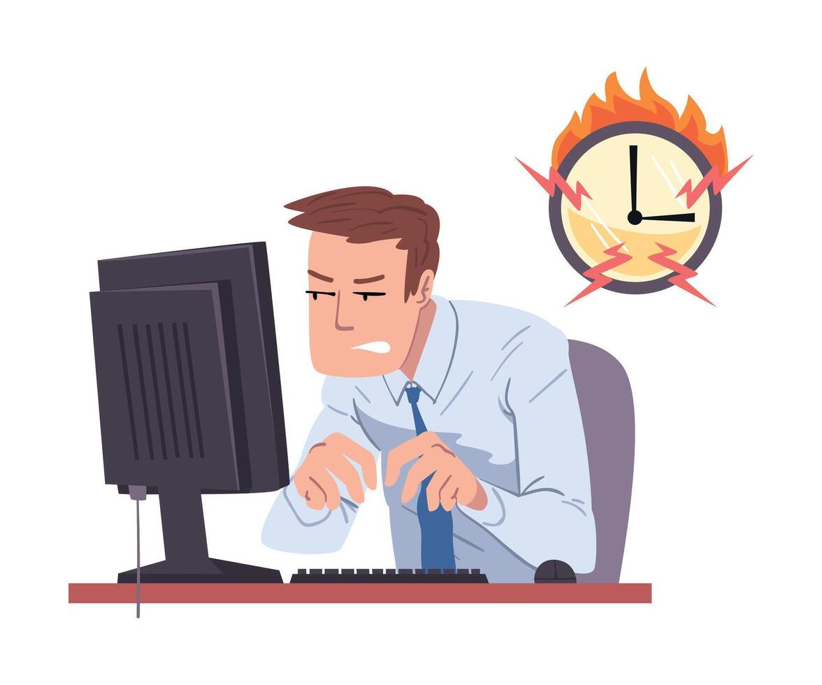 Businessman Working Overtime at Deadline, Overloaded Male Office Worker Sitting at Workplace in Office Illustration vector