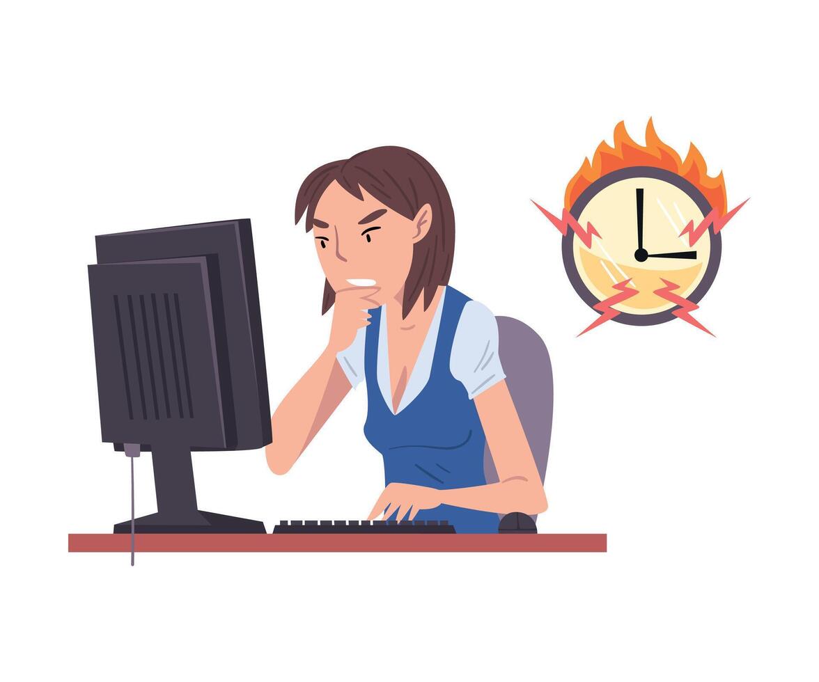 Stressed Female Employee Working Overtime, Overloaded Office Worker Sitting at Workplace in Office, Deadline, Time Pressure Illustration vector