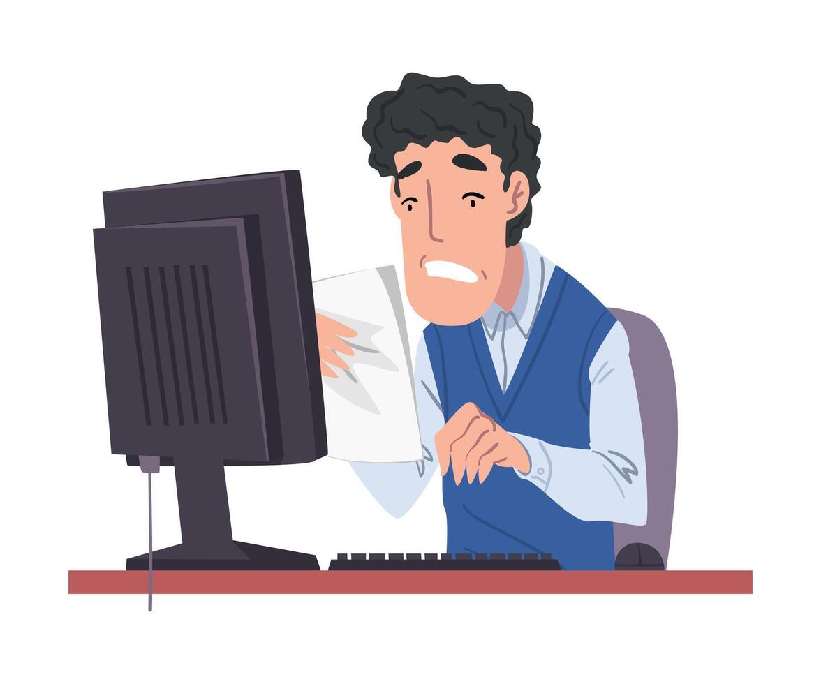 Stressed Male Office Worker Working Overtime, Overworked Businessman Sitting at Workplace in Office Illustration vector