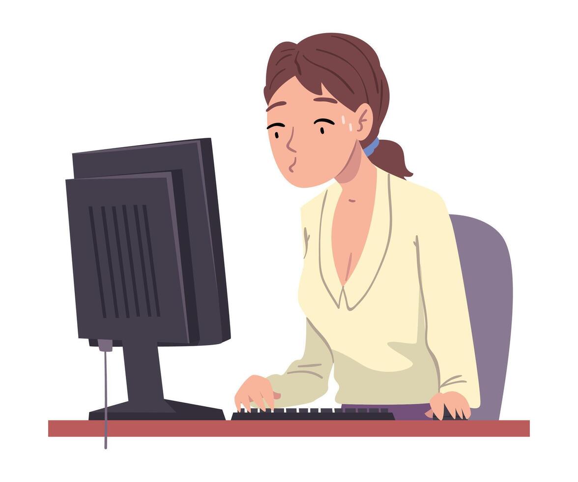 Stressed Employee Working Overtime, Overloaded Female Office Worker Sitting at Workplace in Office Illustration vector