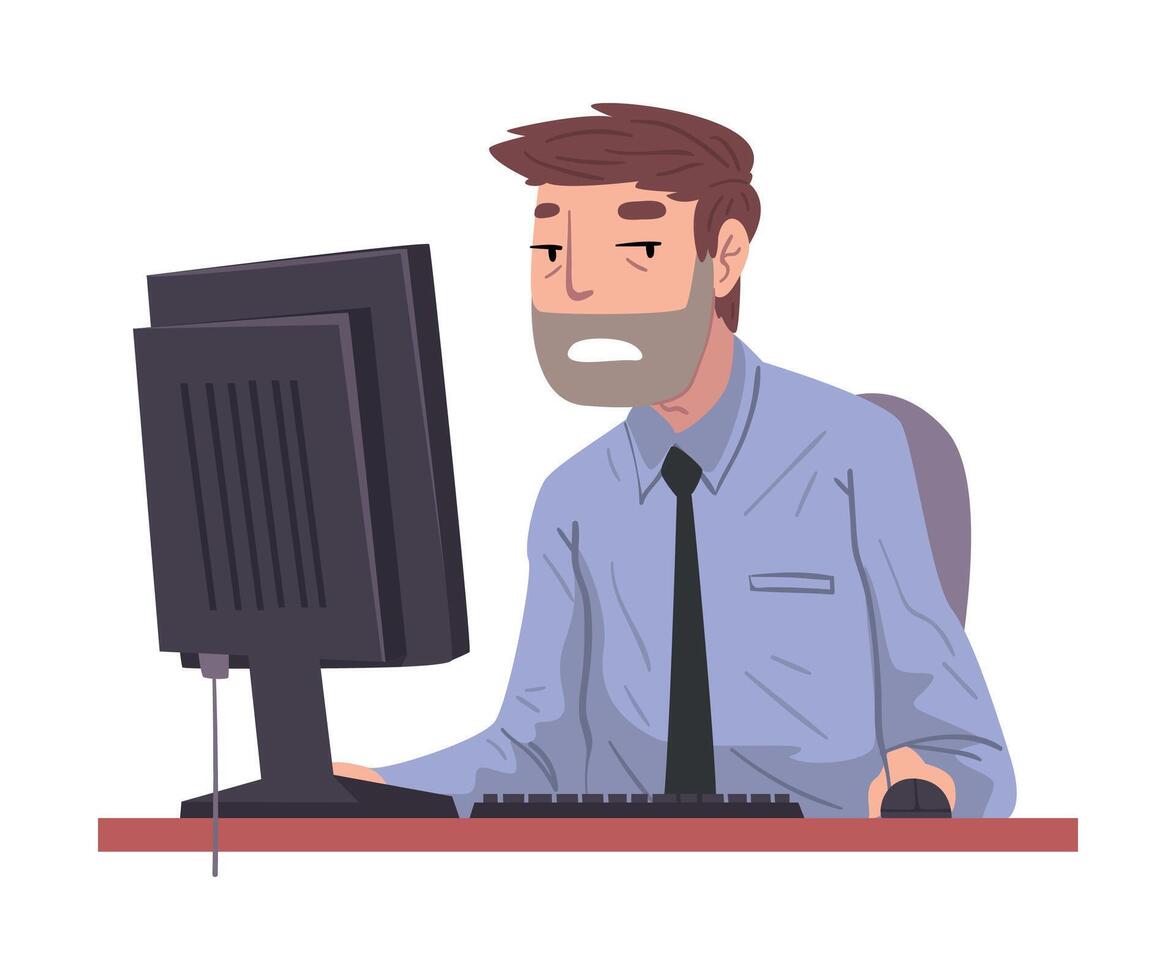 Male Office Worker Working Overtime, Overworked Businessman Sitting at Workplace in Office, Deadline Concept Illustration vector
