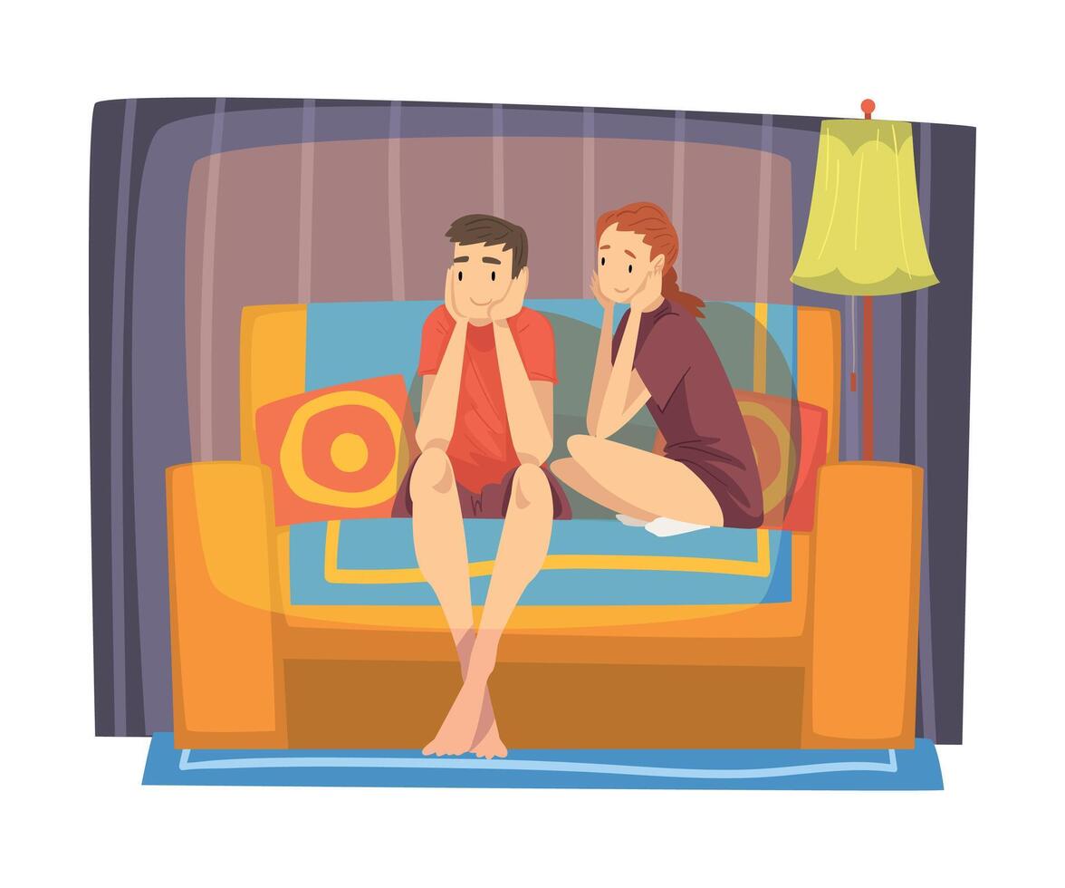 Bored Couple Sitting on Cozy Couch in Living Room, Cute Male and Female Characters Spending Time Together at Home Illustration vector