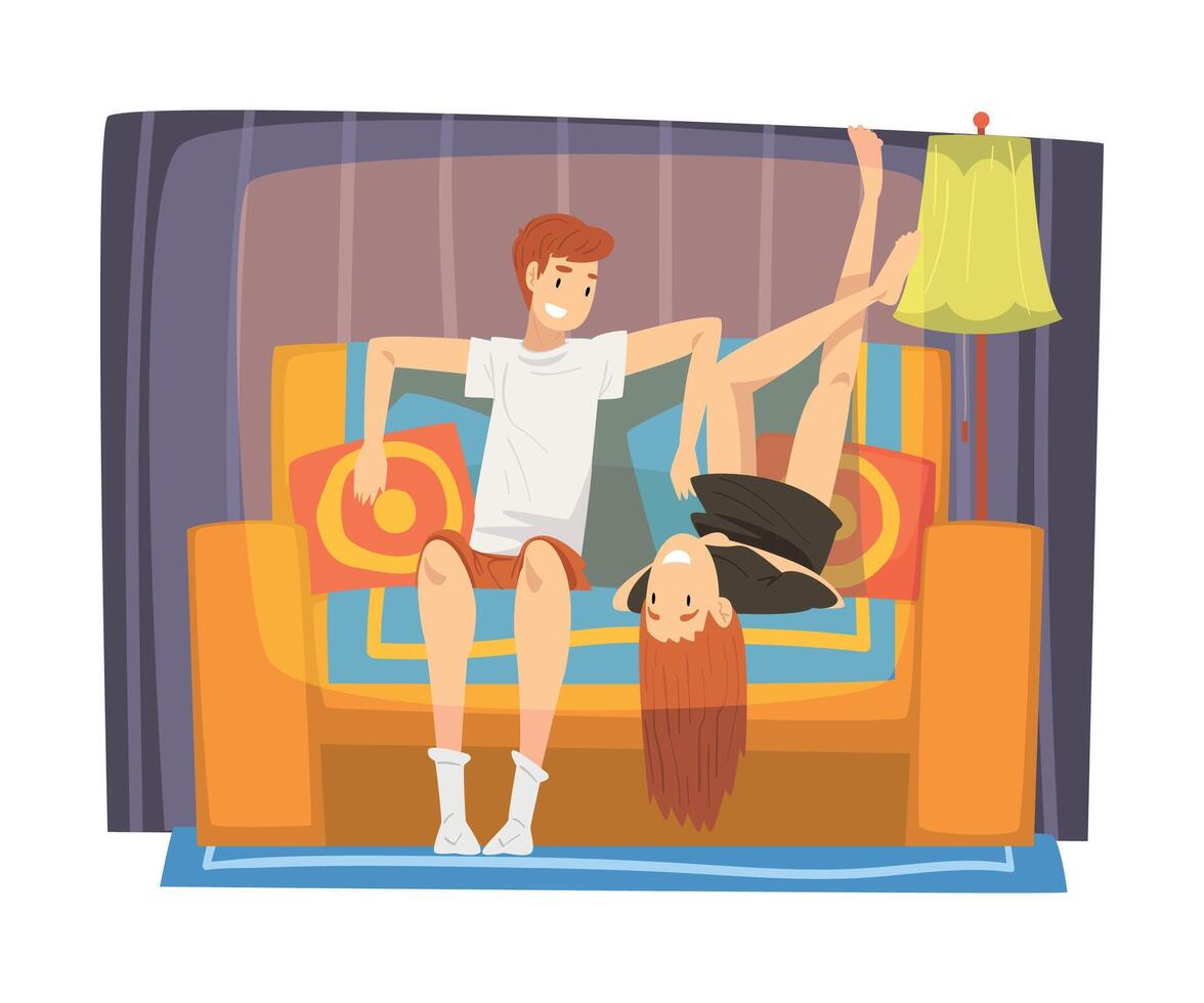 Smiling Couple Sitting on Cozy Couch in Living Room, Cute Male and Female Characters Spending Time Together, Staying at Home Illustration vector