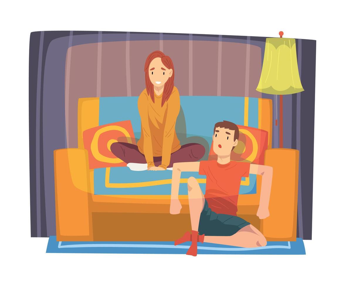 Bored Family Couple Sitting on Cozy Couch in Living Room, Funny Male and Female Characters Spending Time Together, Staying at Home Illustration vector