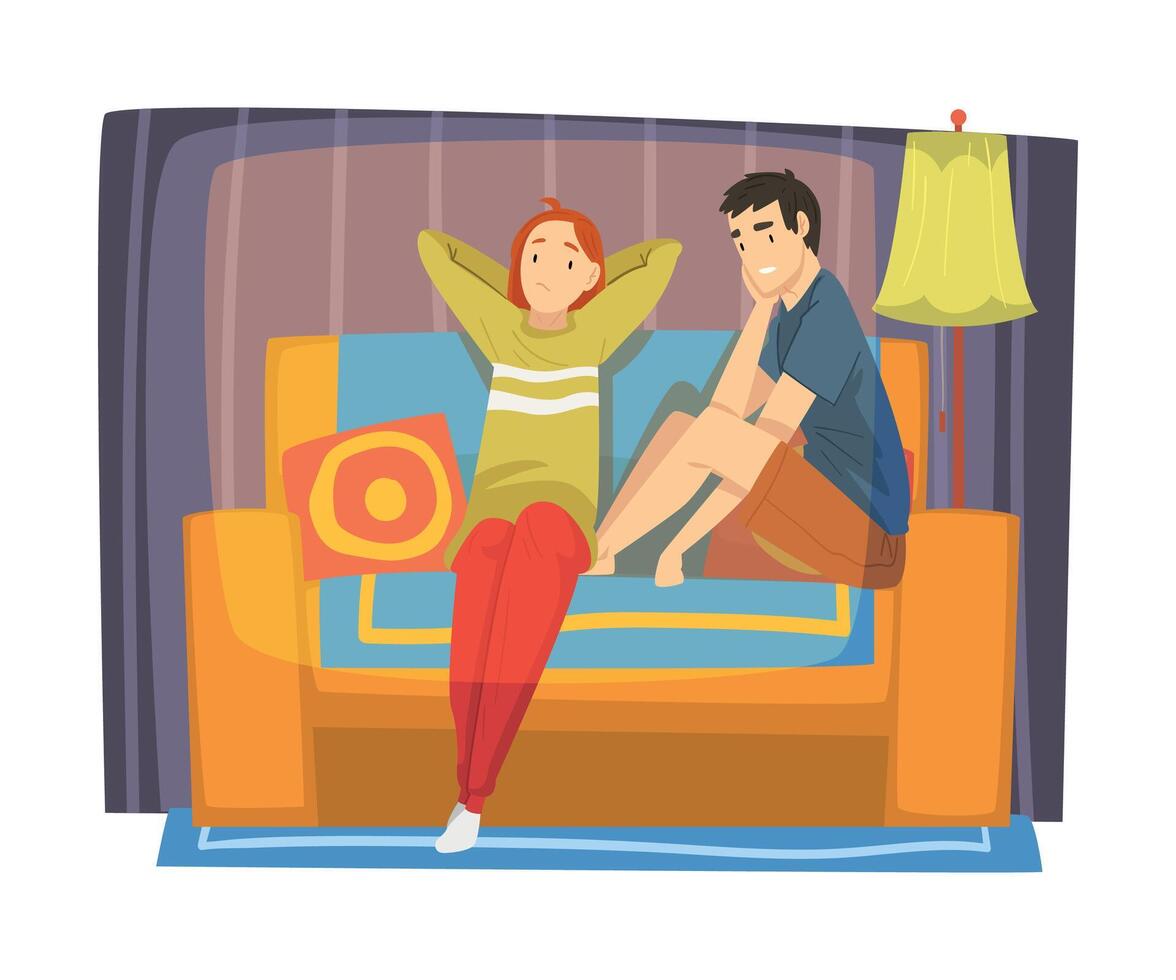 Bored Young Couple Sitting on Cozy Couch, Male and Female Characters Spending Time Together on Sofa, Staying at Home Illustration vector