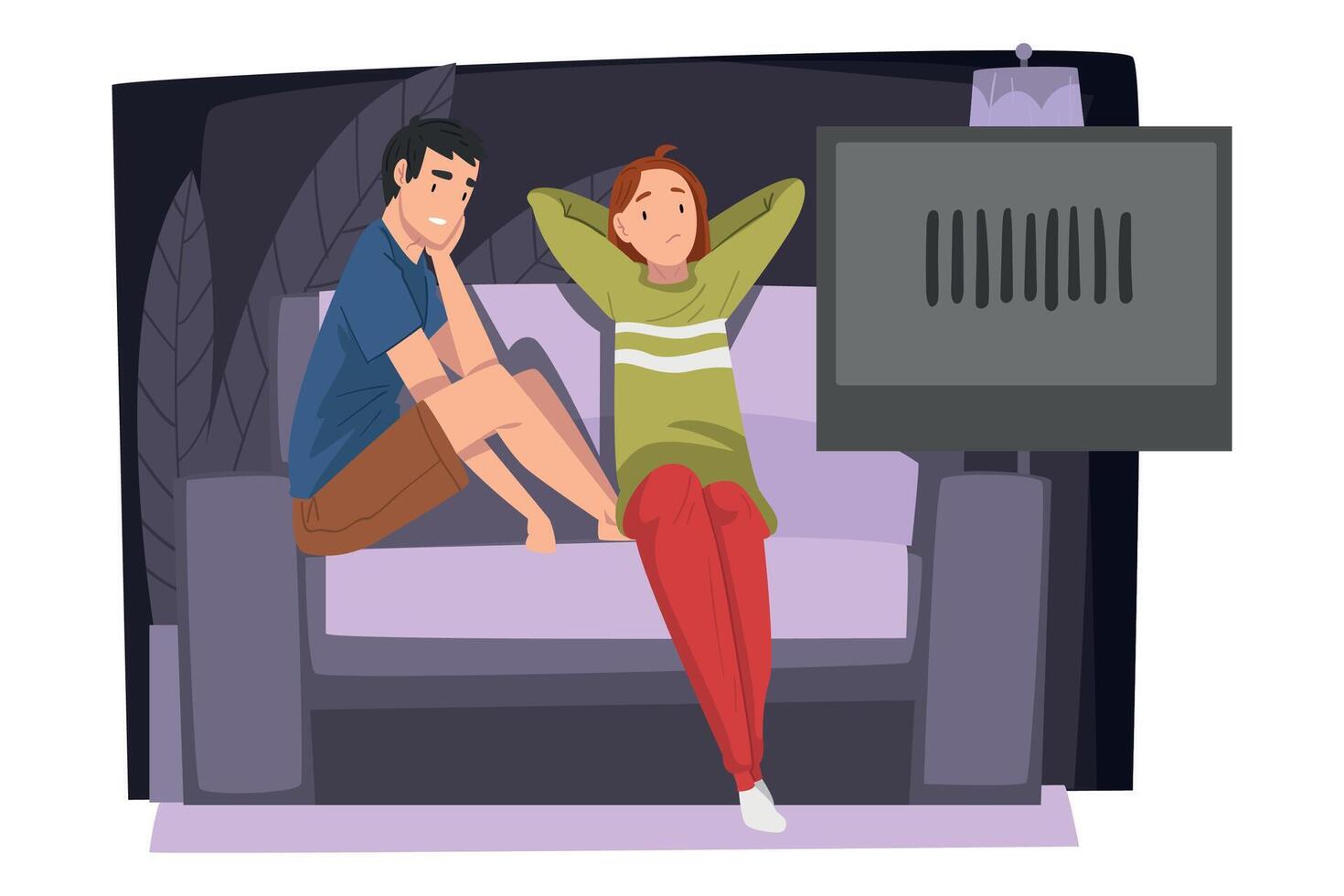 Couple Watching Movie Together While Sitting on Couch, Young Man and Woman Relaxing at Home Illustration vector