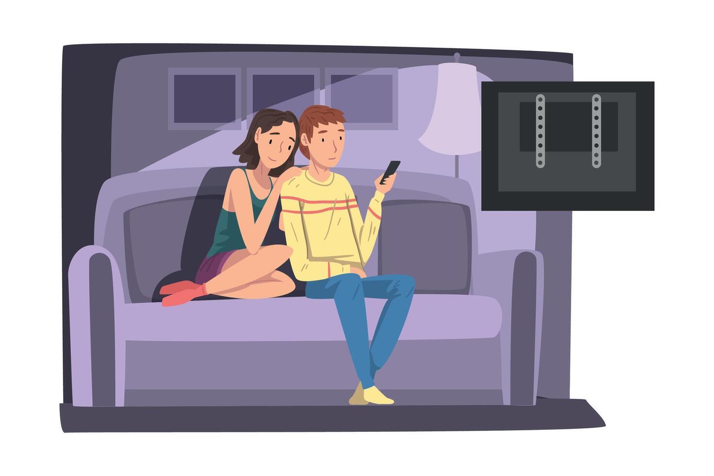 Couple in Love Sitting on Sofa and Watching TV, Young Man and Woman Spending Time Together at Home Illustration vector