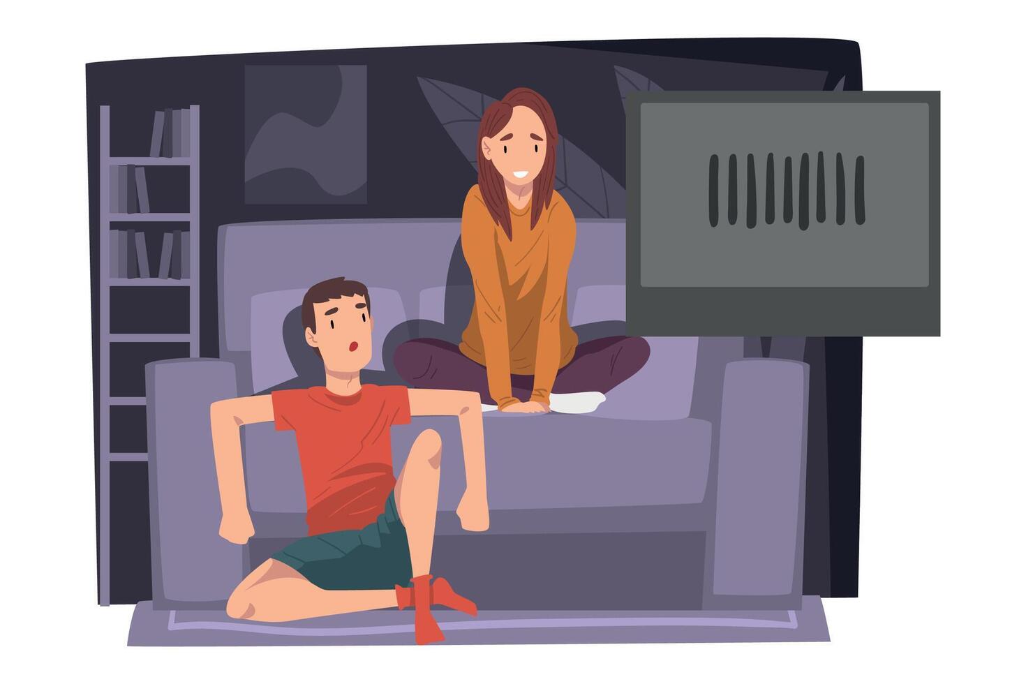 Couple Watching Movie Together on Couch, Young Man and Woman Relaxing at Home Illustration vector