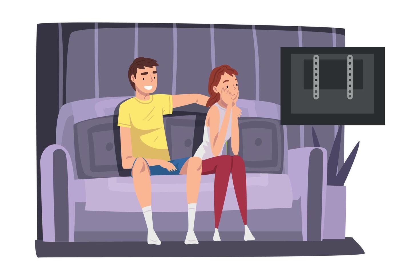 Cheerful Couple Sitting on Sofa and Watching TV, Young Man and Woman Spending Time Together at Home Illustration vector