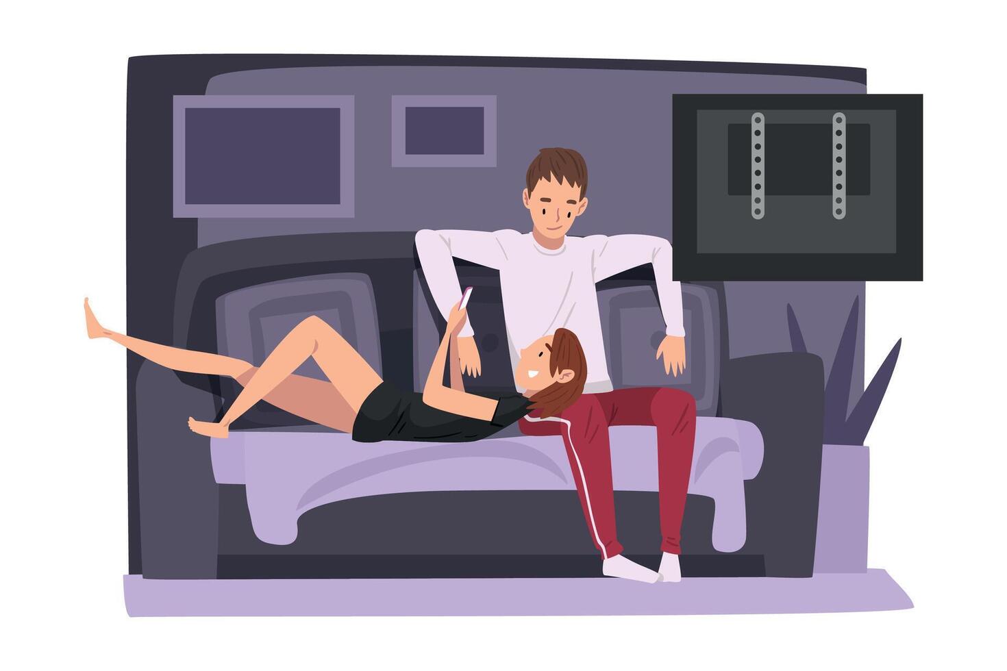 Couple Sitting on Cozy Couch and Watching TV, Young Man and Woman Spending Time Together at Home, Girl Using Smartphone Illustration vector