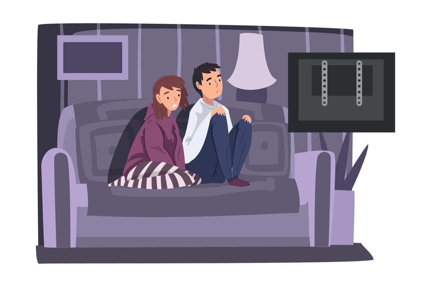 Upset Family Couple Sitting on Couch and Watching TV, Young Man and Woman Spending Time Together at Home Illustration vector