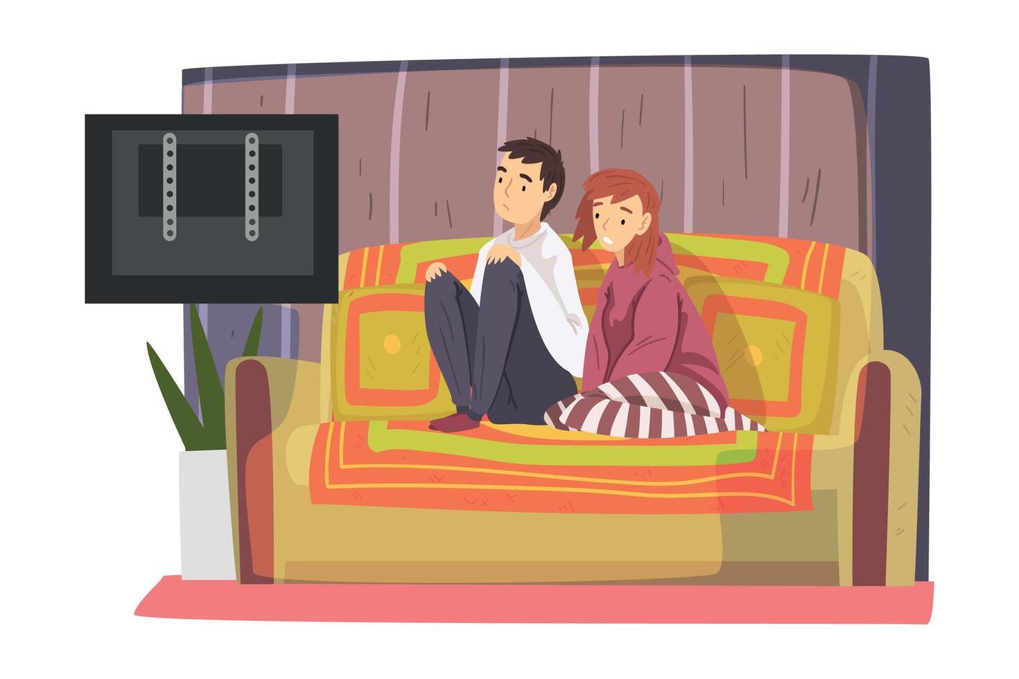 Bored Couple Sitting on Cozy Couch Watching TV, Cute Male and Female Characters Spending Time Together, Staying at Home Illustration vector