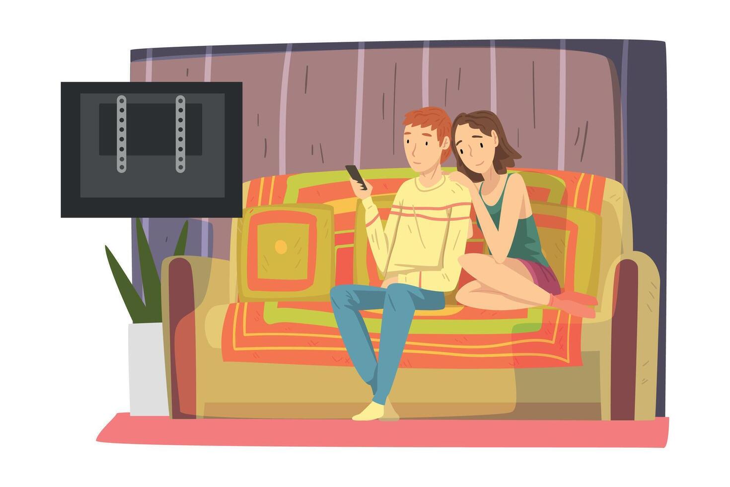 Family Couple Sitting on Cozy Couch in Living Room, Cute Male and Female Characters Watching TV, Staying at Home Illustration vector