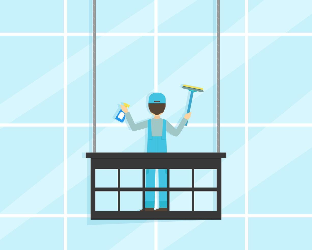 Professional Worker in Uniform Cleaning and Rubbing Facade Windows Of Building, Cleaning Service Company Flat Illustration vector