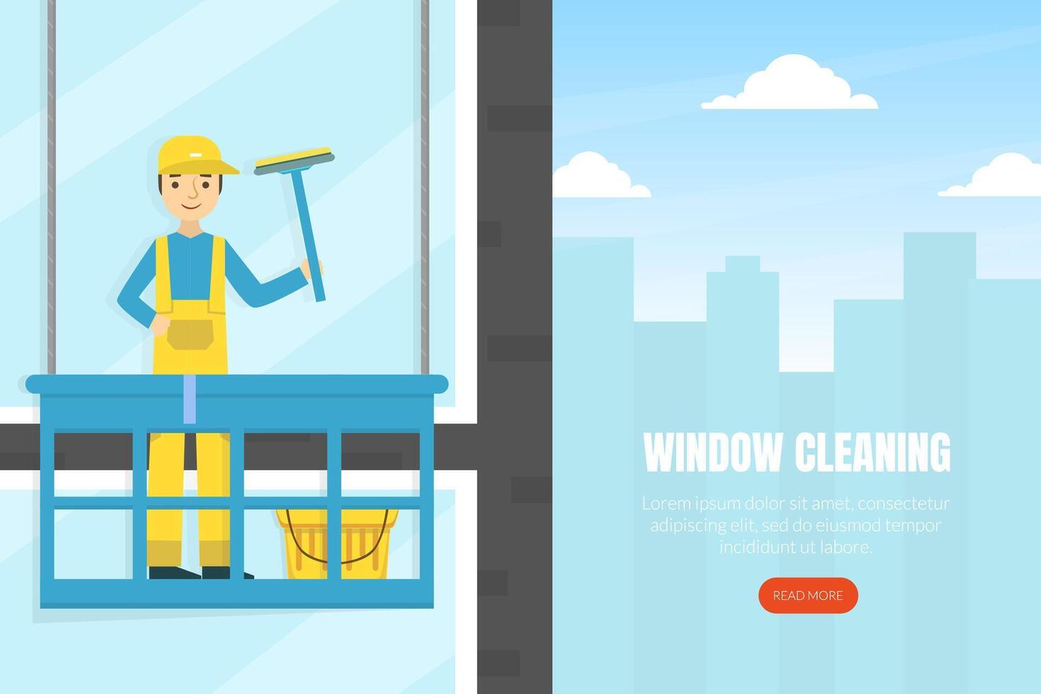 Cleaning Windows Landing Page Template, Professional Worker in Uniform Cleaning and Rubing Facade Windows Of Building, Cleaning Service Company Homepage, Website Flat Illustration vector