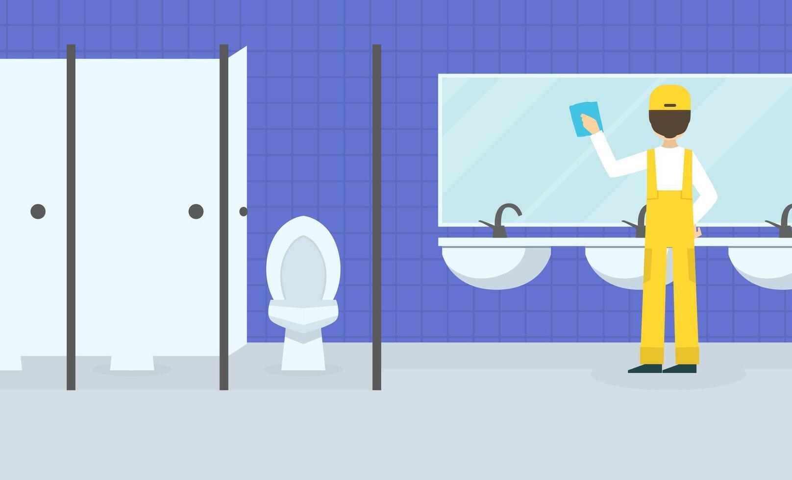 Professional Worker in Uniform Wiping Mirror in Public Toilet, Cleaning Company Staff at Work Flat Illustration vector