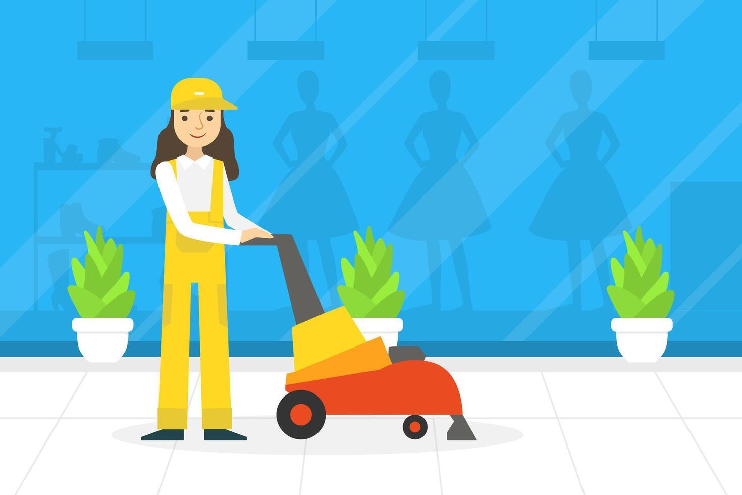 Professional Female Worker in Uniform Using Floor Cleaning Machine, Cleaning Company Staff at Work Flat Illustration vector