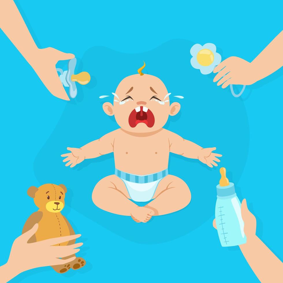 Crying Baby Banner with Place for Text, Cute Little Baby in Diaper Feeling Discomfort Illustration vector