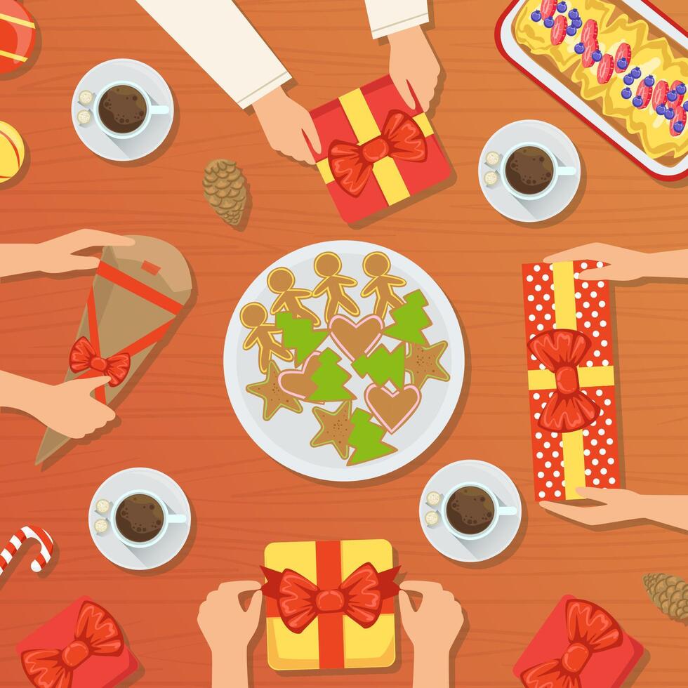 Family Celebrating Christmas at Home, People Having Dinner Together and Exchanging Gifts, View from Above Flat Illustration vector