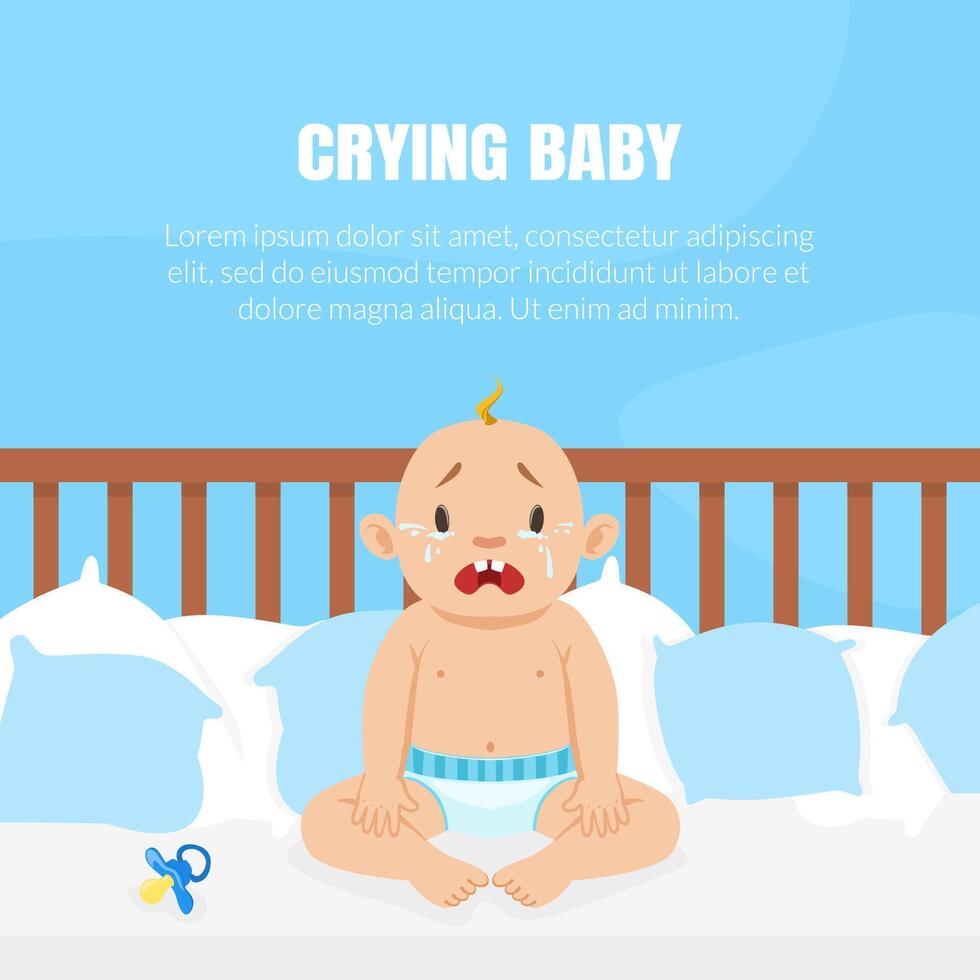 Crying Baby Banner with Place for Text, Cute Little Baby in Diaper Sitting in the Bed and Crying Illustration vector