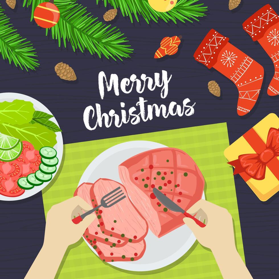Merry Christmas Banner, Person Eating Festive Dinner with Fork and Knife View from Above Flat Illustration vector