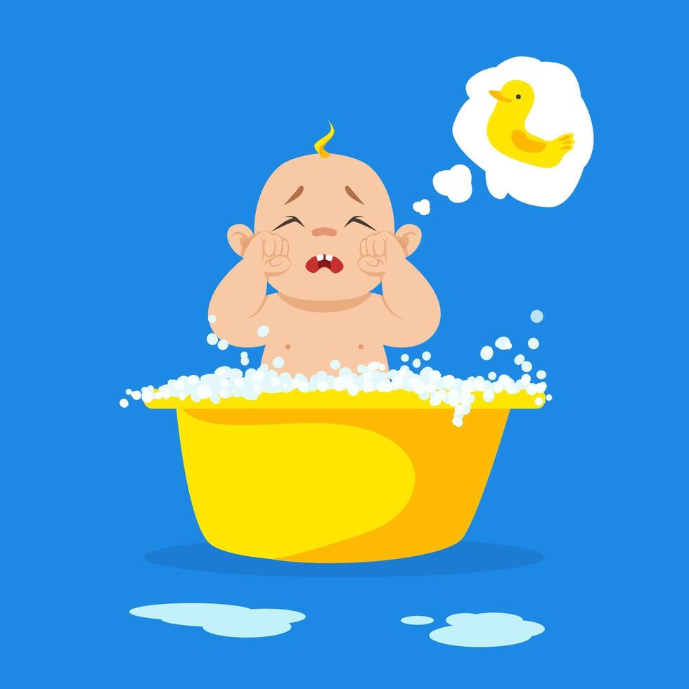Crying Baby Taking Bath and Crying Dreaming about Yellow Duck Illustration vector