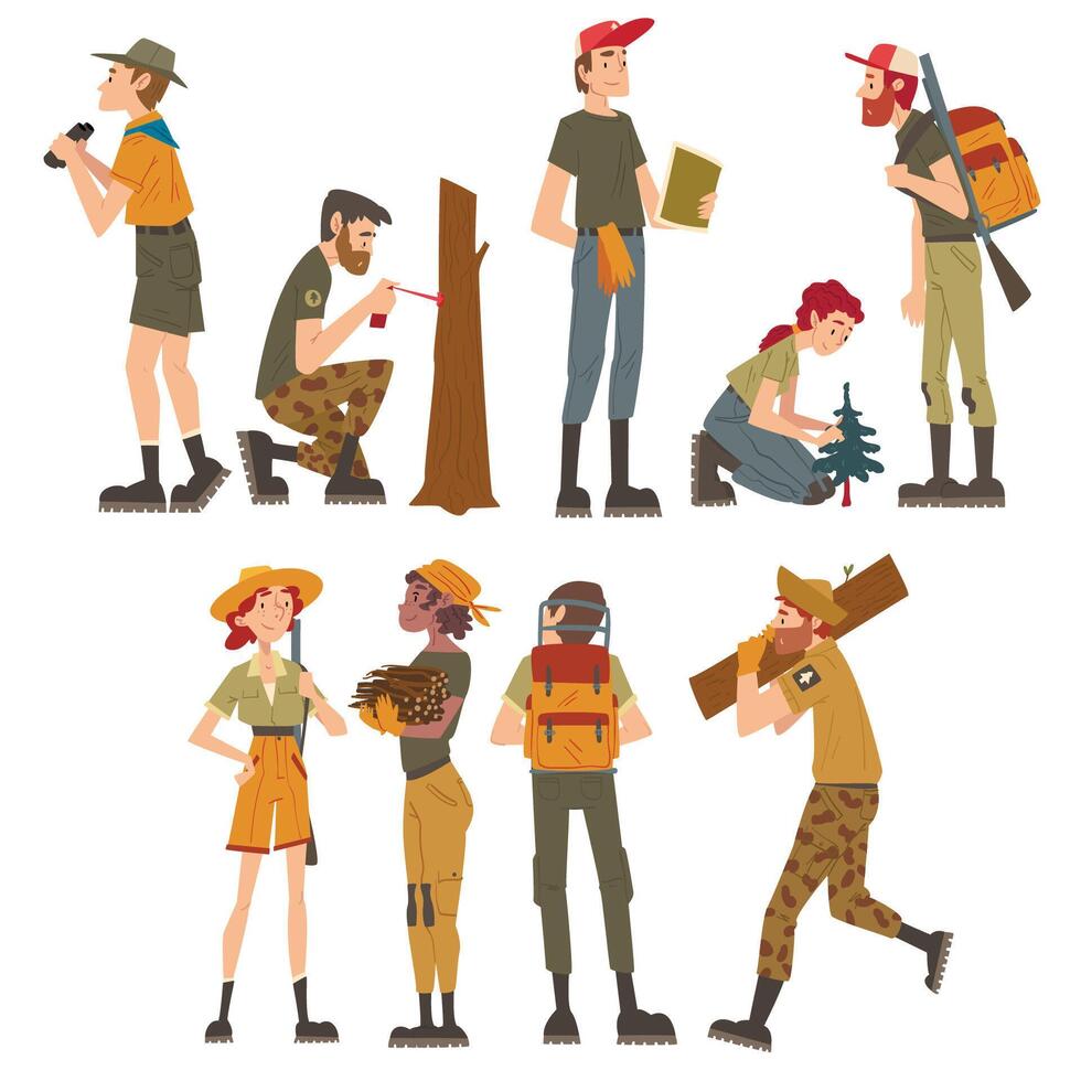 Male and Female Forest Rangers Working in Forest Set, National Park Service Employee Characters in Uniform Cartoon Style Illustration vector