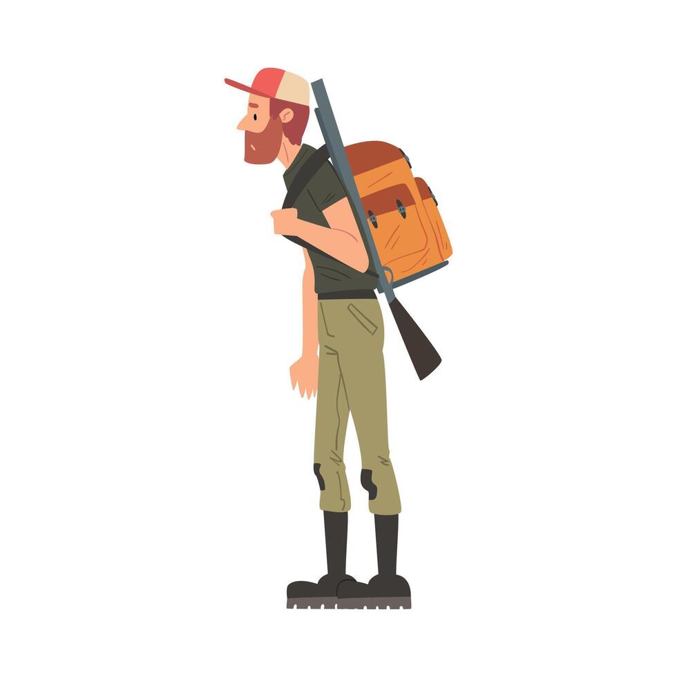 Man Forest Ranger with Backpack and Hunting Rifle, National Park Service Employee Character Cartoon Style Illustration vector