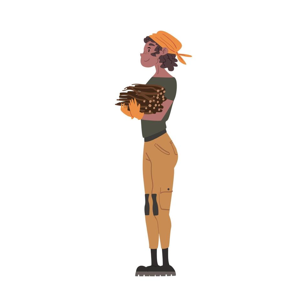 Girl Forest Ranger Carrying Bundle of Firewood, National Park Service Employee Character in Uniform Cartoon Style Illustration vector