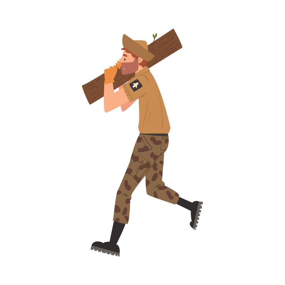 Man Forest Ranger Carrying Wooden Log, National Park Service Employee Character in Uniform Cartoon Style Illustration vector