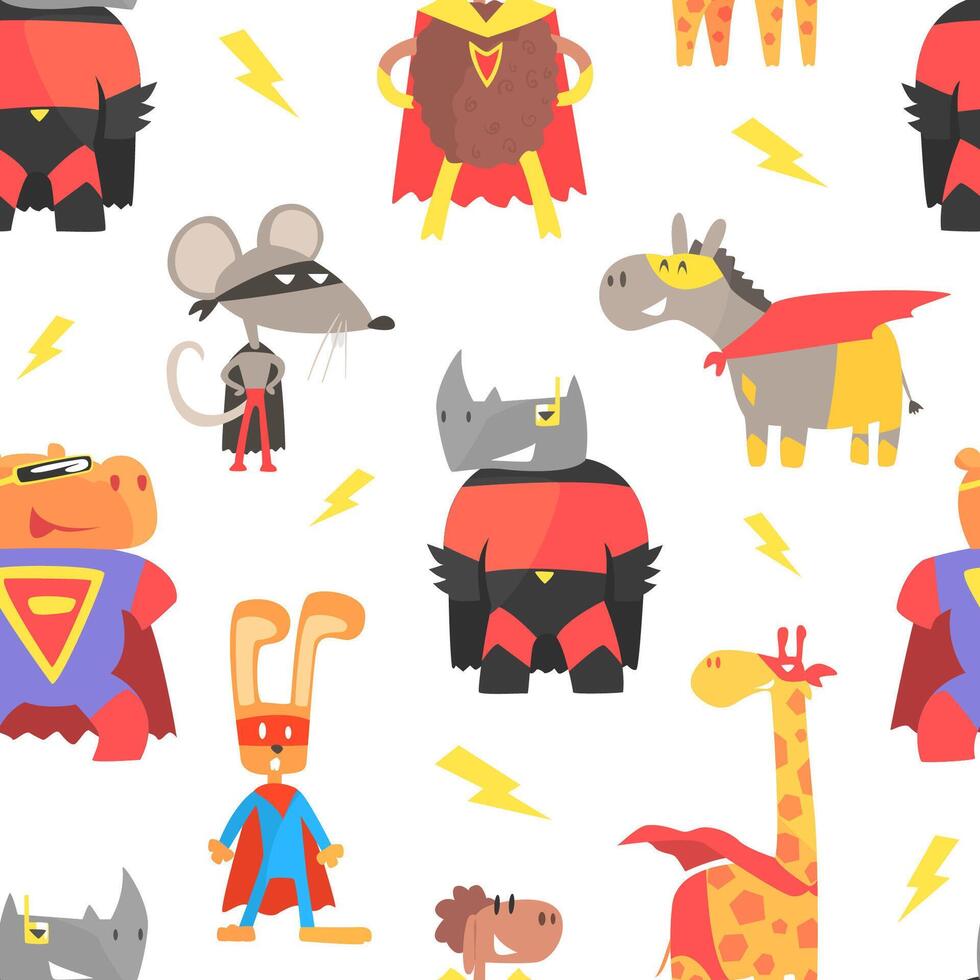 Superhero Animals Seamless Pattern, Cute Animal Characters in Capes and Masks, Textile, Wallpaper, Packaging, Background Design Cartoon Illustration vector