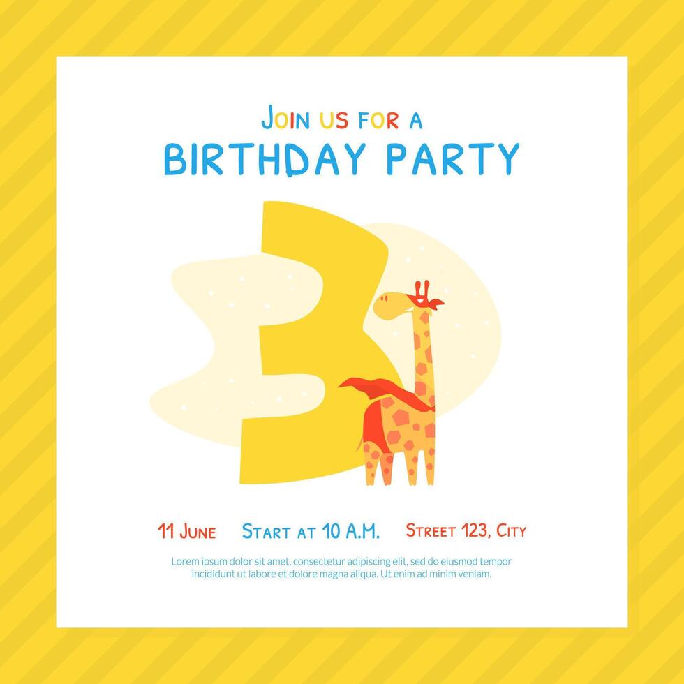 Happy Third Birthday Invitation Card Template, Birthday Anniversary Number with Cute Giraffe Animal Cartoon Illustration vector