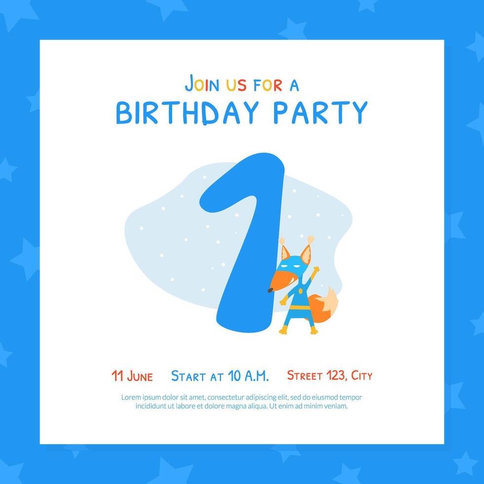 Happy First Birthday Invitation Card Template, Birthday Anniversary Number with Cute Fox Superhero Animal Cartoon Illustration vector
