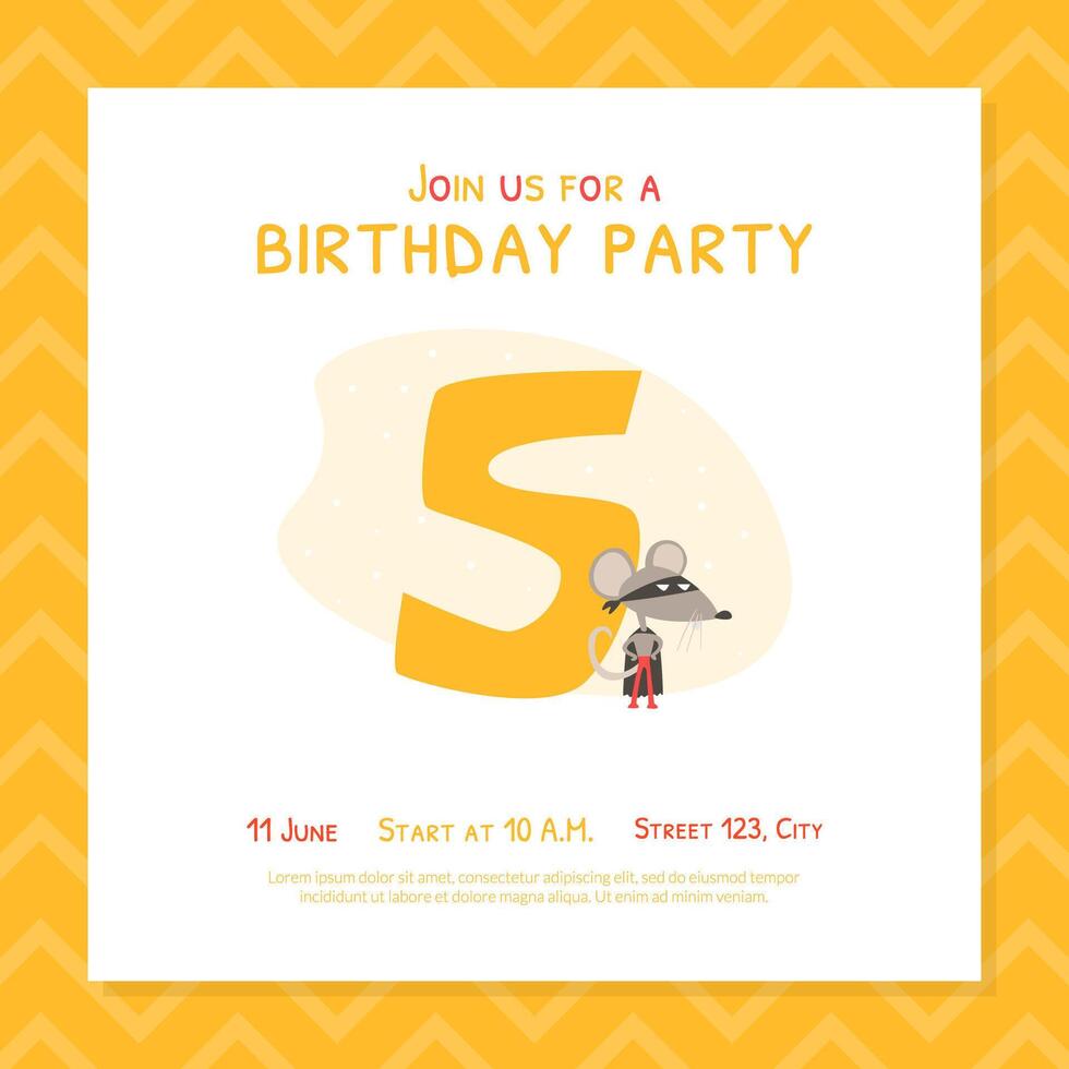 Happy 5th Birthday Invitation Card Template, Birthday Anniversary Number with Cute Mouse, Superhero Animal Cartoon Illustration vector