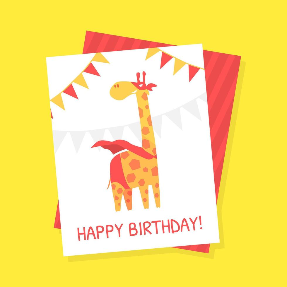 Happy Birthday Card Template with Cute Giraffe Superhero Animal in Red Cape and Mask Cartoon Illustration vector