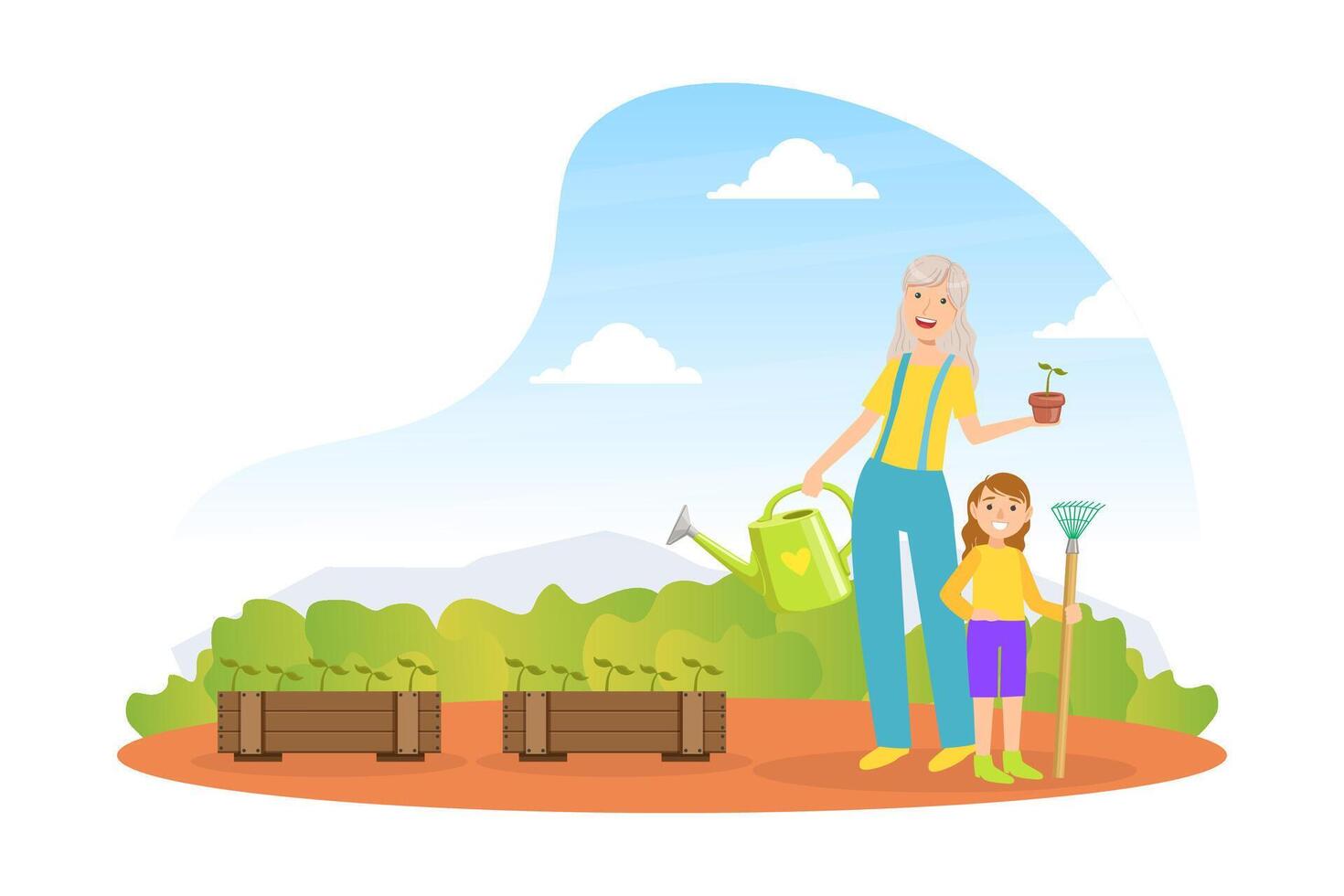 Grandmother And Granddaughter Working in Garden and Watering Seedlings, Grandparent and Grandchild Having Good Time Together Cartoon Illustration vector