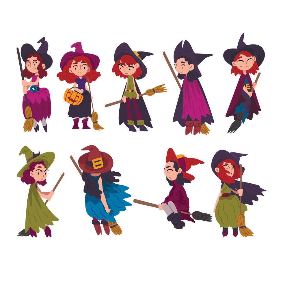 Cute Little Witches Collection, Girls Wearing Dress and Hat with Brooms, Halloween Cartoon Characters Illustration vector